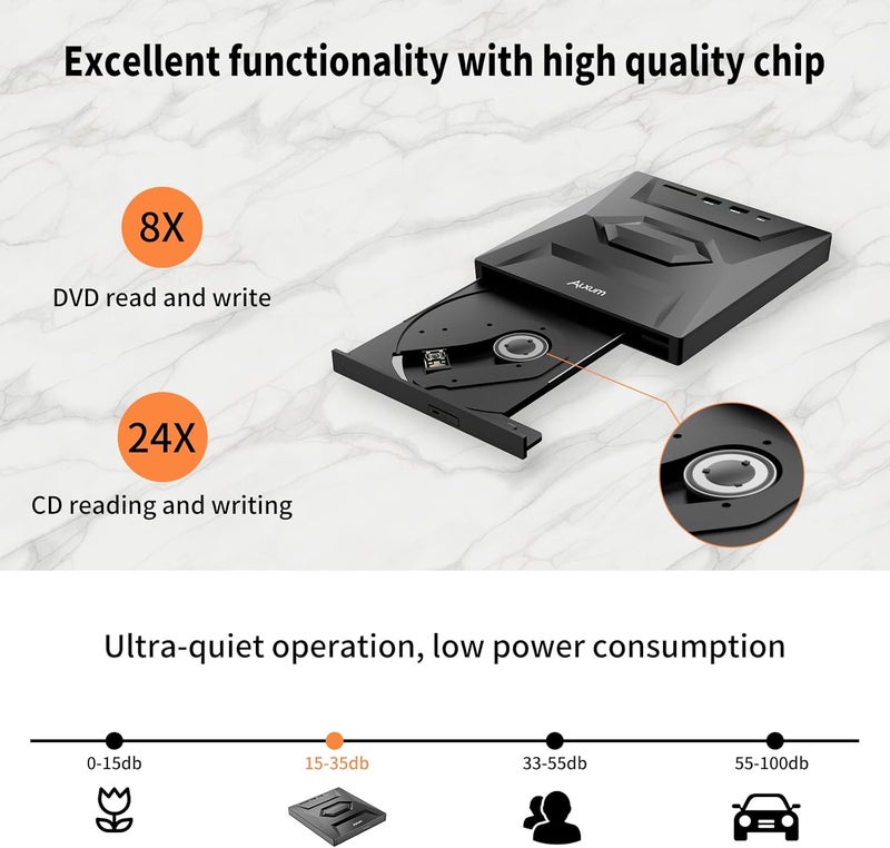 ALXUM محرك أقراص CD/DVD خارجي للكمبيوتر المحمول، نوع-C USB 3.0 مشغل أقراص مضغوطة محمول مع فتحة بطاقة SD ومنافذ USB DVD 8X CD 24X سرعة فائقة لنظام Windows/Mac OS/Linux/Vista - Image 5